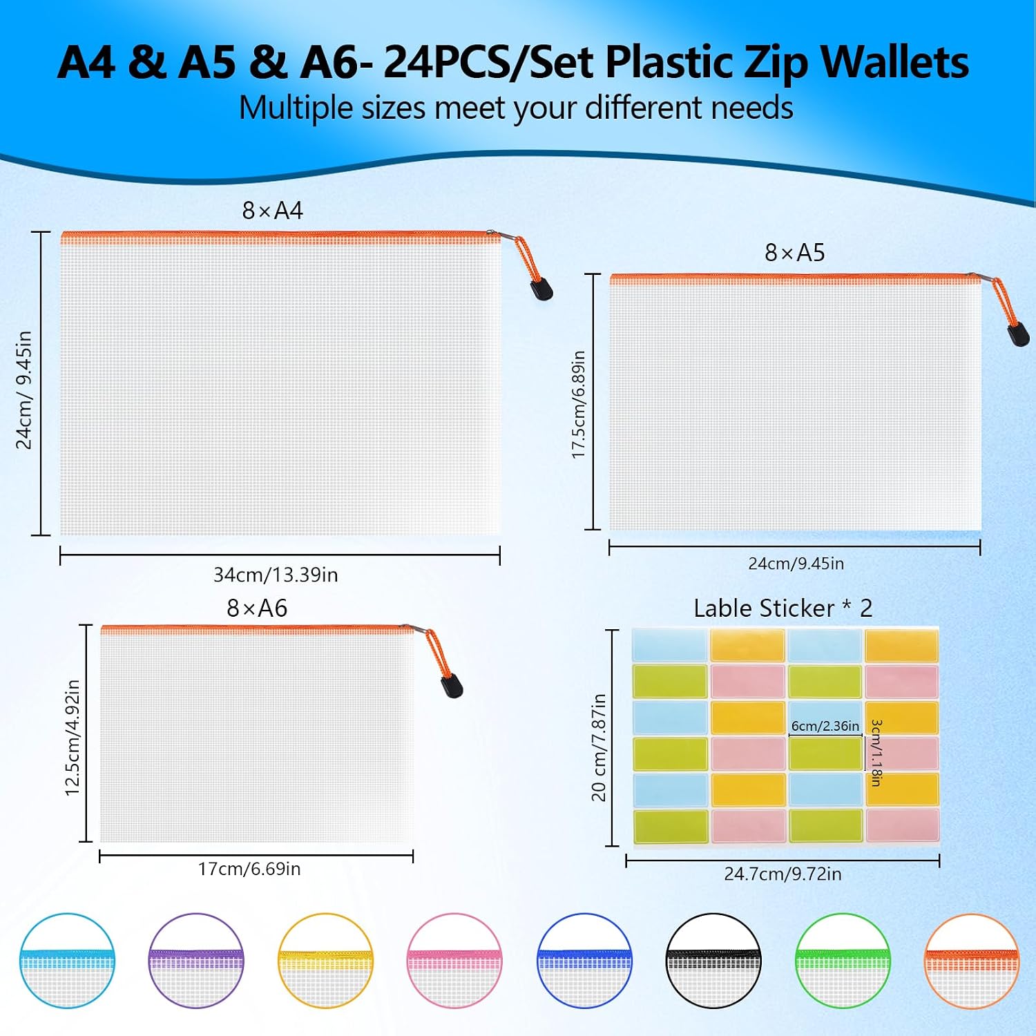Detalle 2 de Plastic Wallets Folders Zip Lock Bags – 24 PCS in A4, A5 and A6, 8 Colours