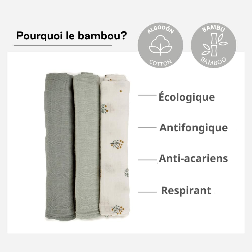 Detalle de Lot de 3 langes Bébé 80x80 cm en coton et bambou naturel – Doux, respirants et hypoallergéniques