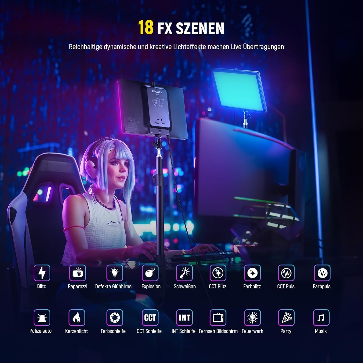 Thumbnail 4 de NEEWER GL25C LED RGB Streaming Key Light mit App-/PC-/Stream-Deck-Steuerung, 25 W