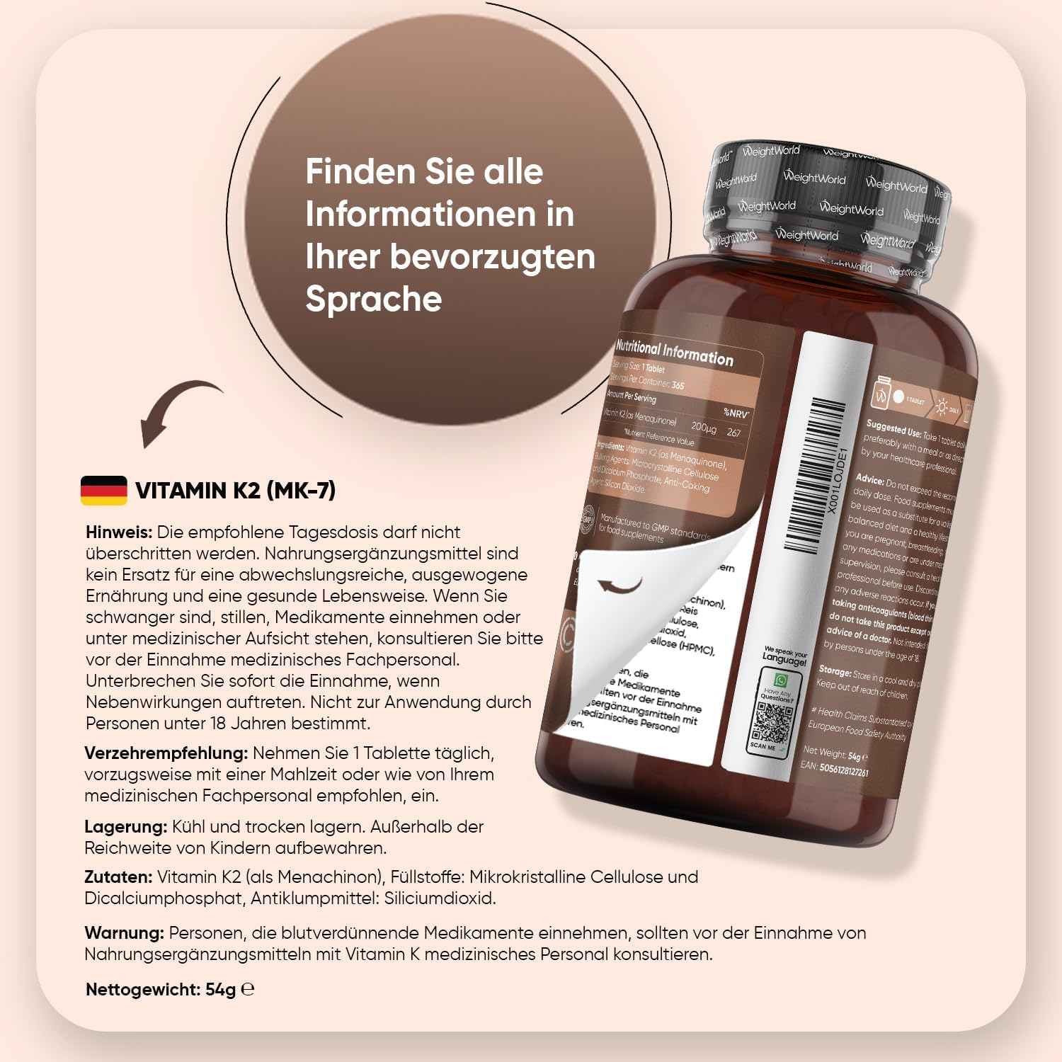 Thumbnail 3 de Vitamin K2 MK7 (Menachinon) von WeightWorld – 365 vegane Tabletten mit 200 µg pro Tagesdosis