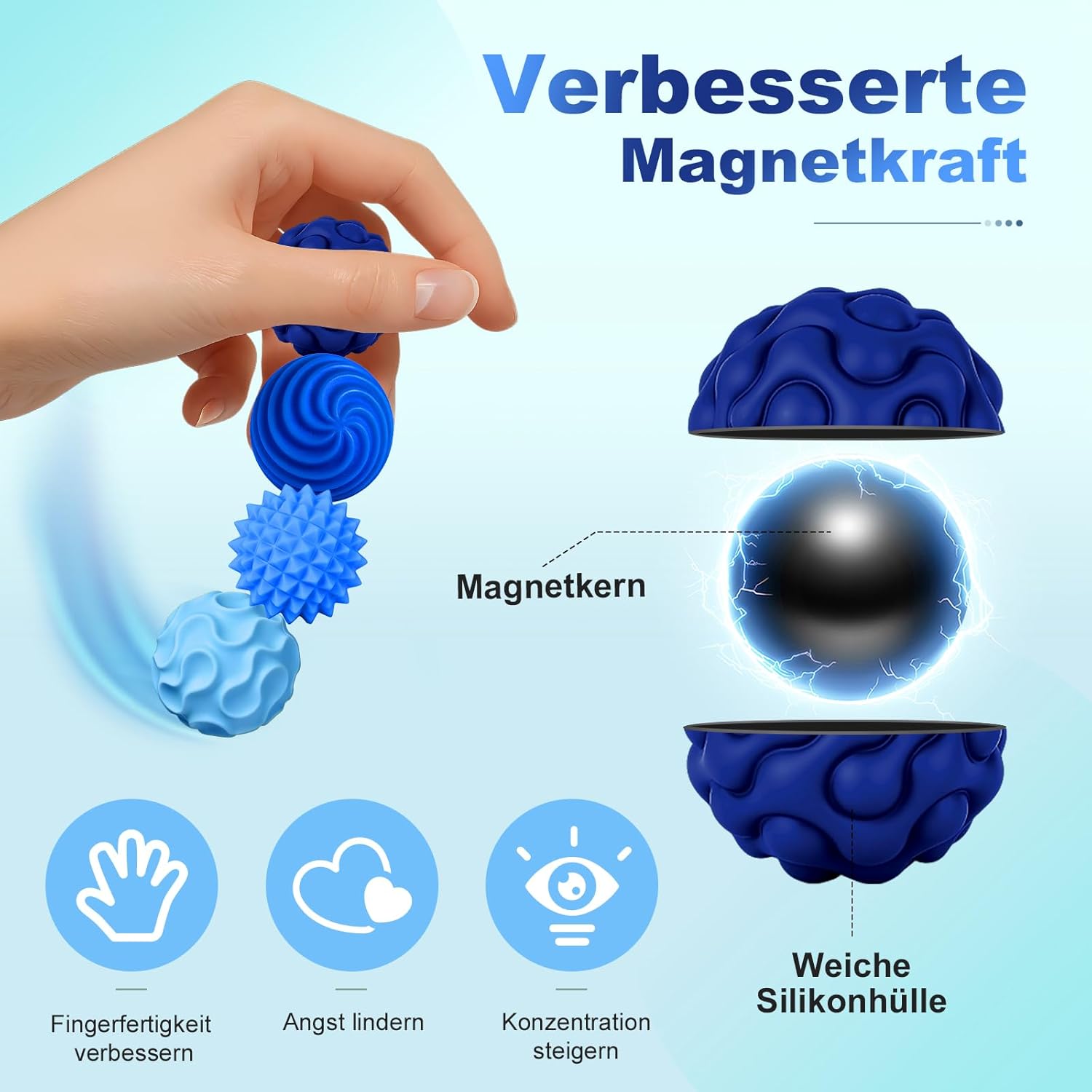 Detalle de Pipoobear magnetische Fidget Toys – 4 Silikon-Magnetkugeln (mittelgroß, blau) zum Stressabbau