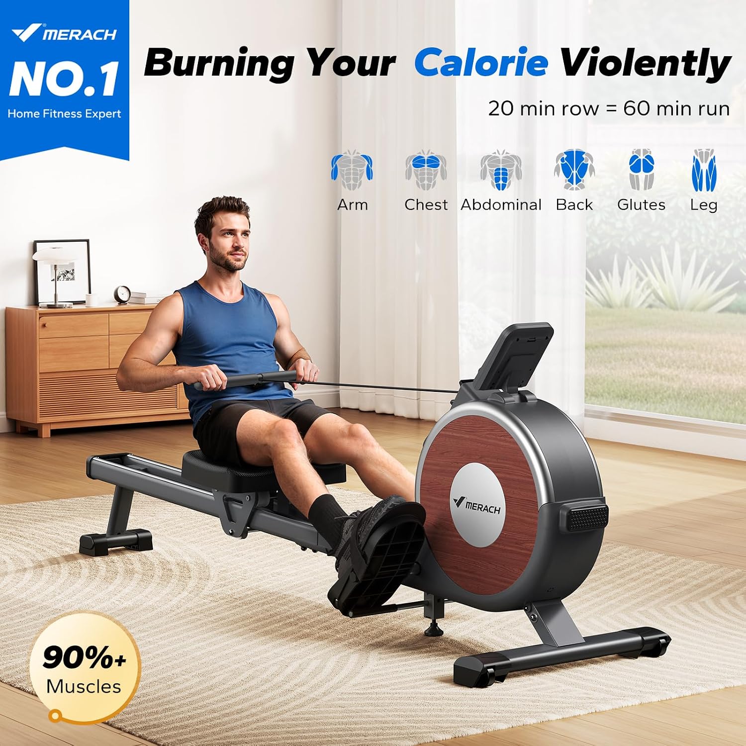 Detalle de MERACH Q1S Magnetic Rowing Machine: Quiet Home Rowing with Dual Rails and App Integration