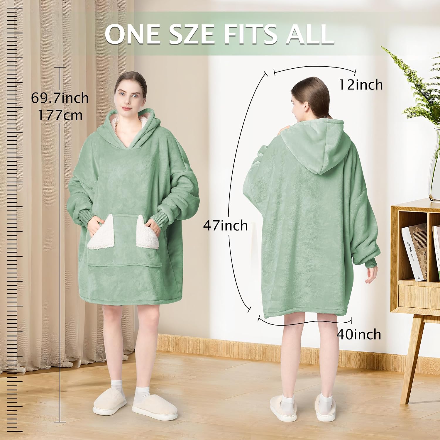 Detalle 2 de Touchat Wearable Blanket Hoodie, Green Sherpa with Hood, Pocket and Sleeves