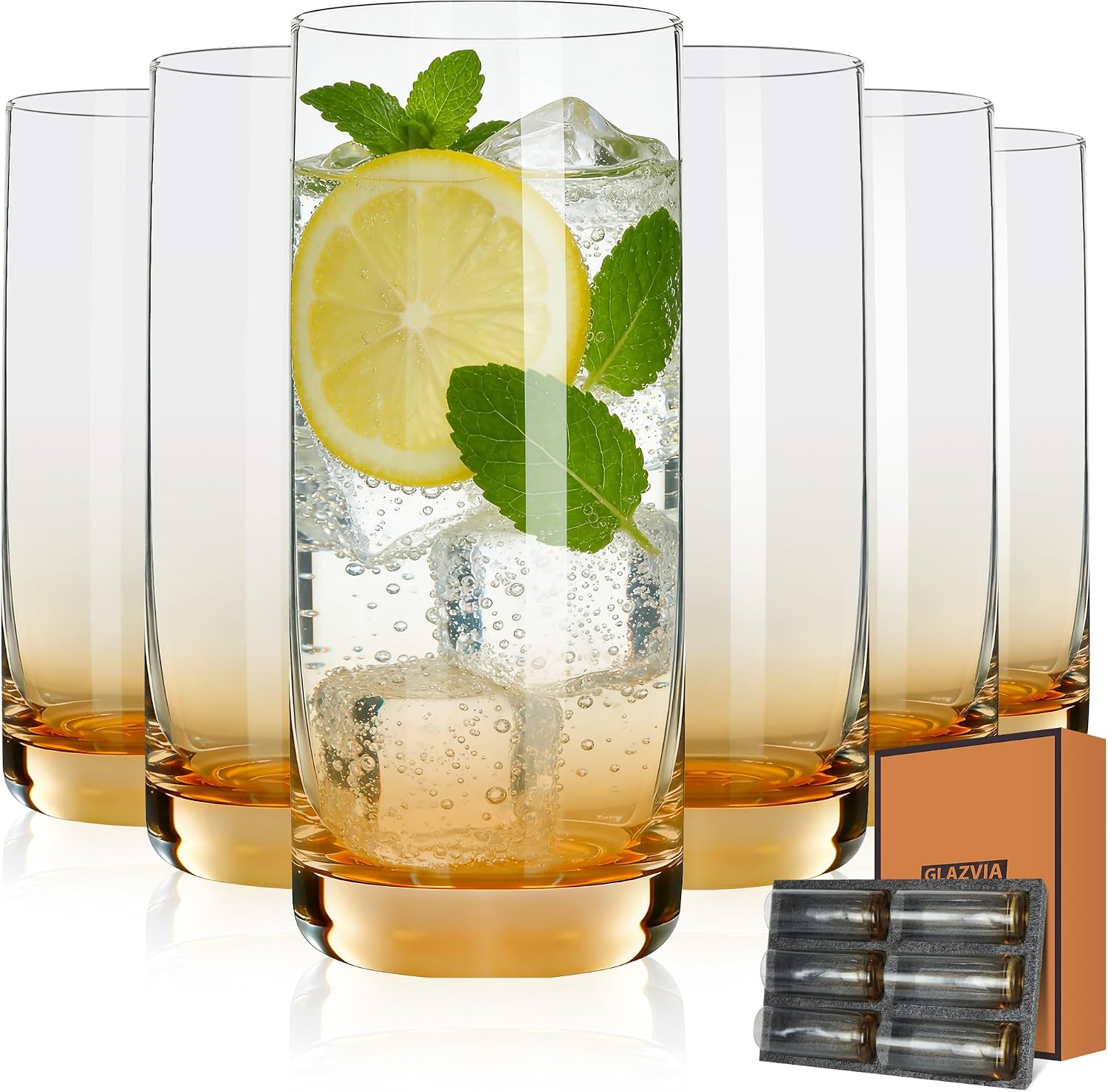 Detalle de GLAZVIA Amber Highball Glasses, Set of 6, 13oz, Dishwasher-Safe