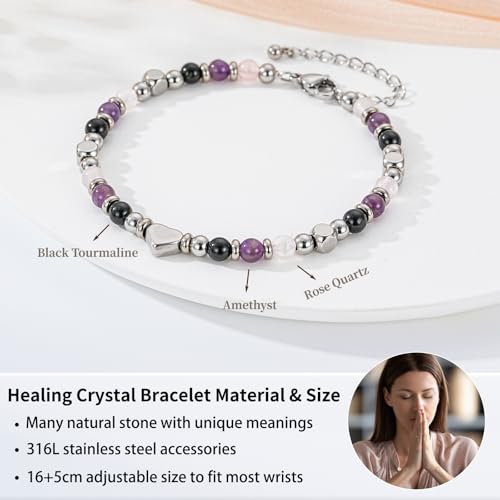 Detalle de ESPVO Crystals Anxiety Bracelet for Women – Amethyst, Black Tourmaline & Rose Quartz Natural Stones
