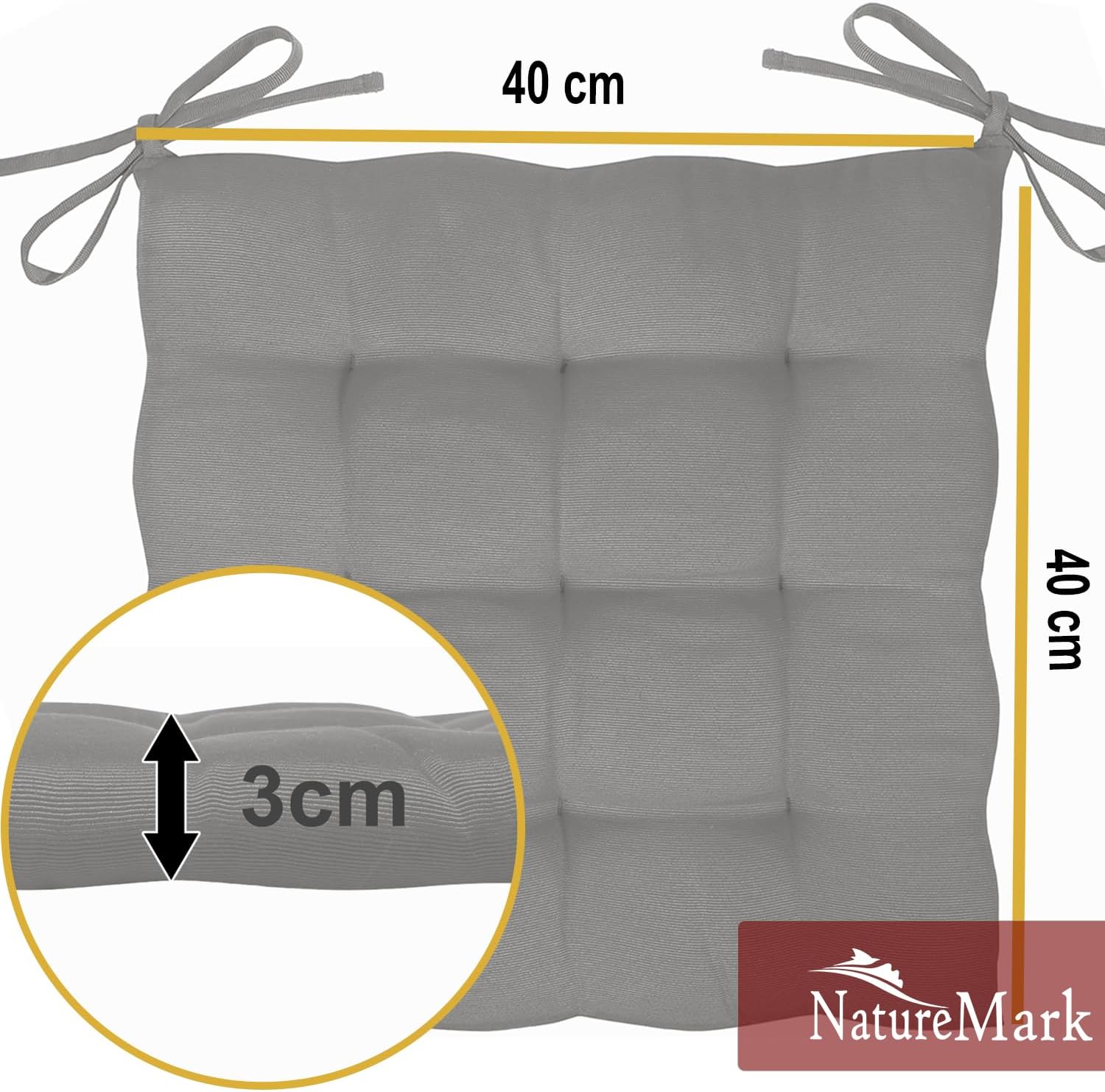 Thumbnail 2 de NatureMark lot de 4 galettes de chaise grises argentées 40 x 40 cm avec rubans (épaisseur 3 cm)