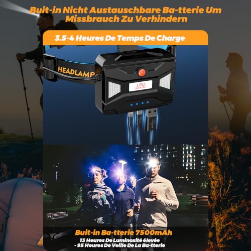Detalle de XILUO 210000 Lux — Lampe Frontale Rouge Avertissement, 12 Modes, Capteur de Focalisation Réglable, IP65, 95 h en veille, 125° d’angle