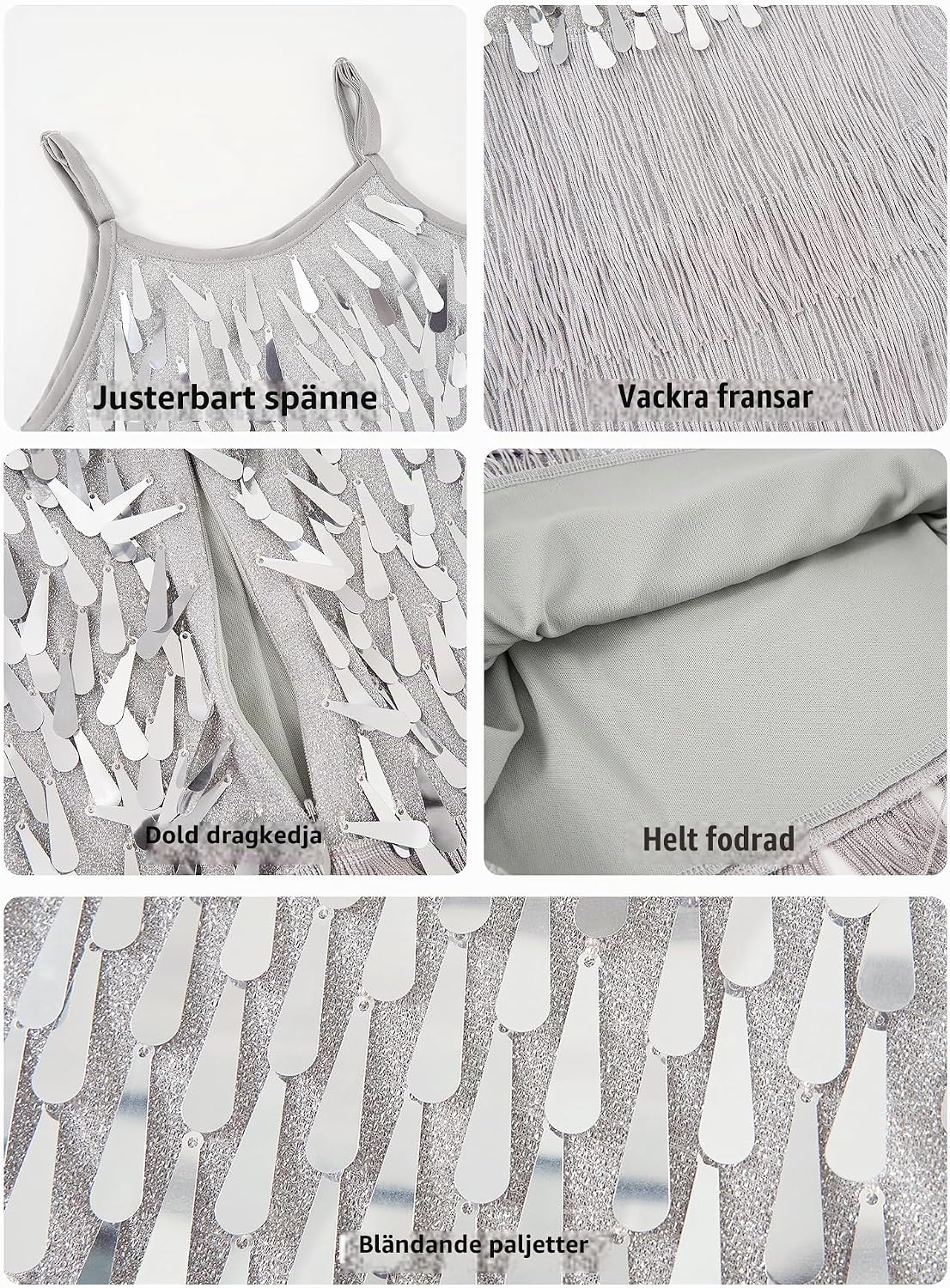 Detalle de LOLANTA paljett-dansdräkt för flickor med fransar, ärmlös klänning och shorts