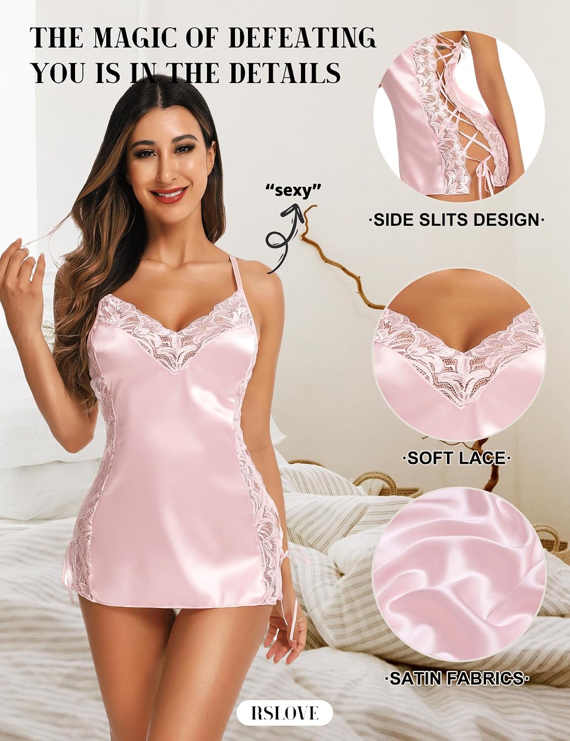 Detalle de RSLOVE babydoll voor vrouwen van satijn, sensuele lingerie