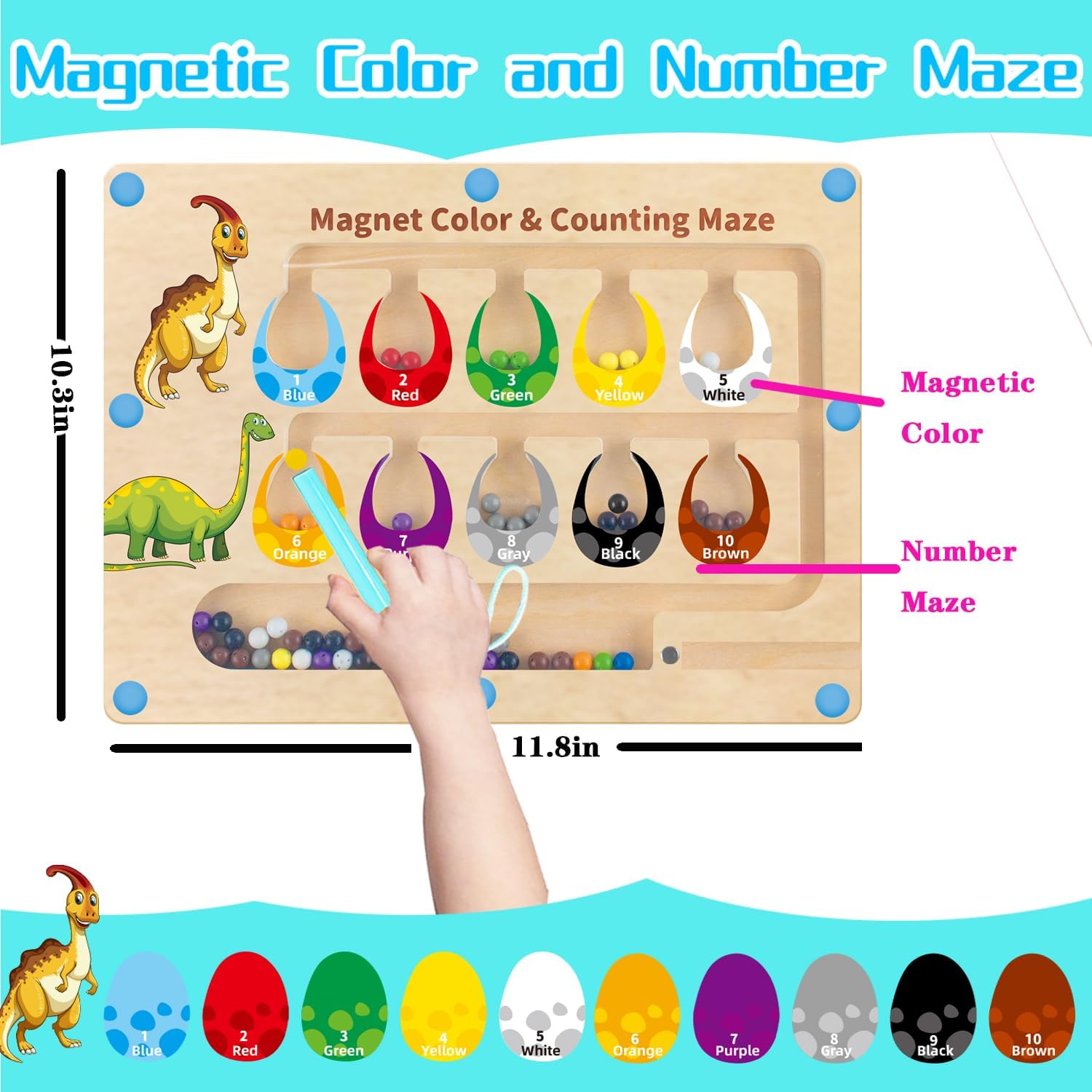 Detalle de HONGID Dinosaur Toys Magnetic Color and Number Maze Montessori Learning Board for Ages 2–5
