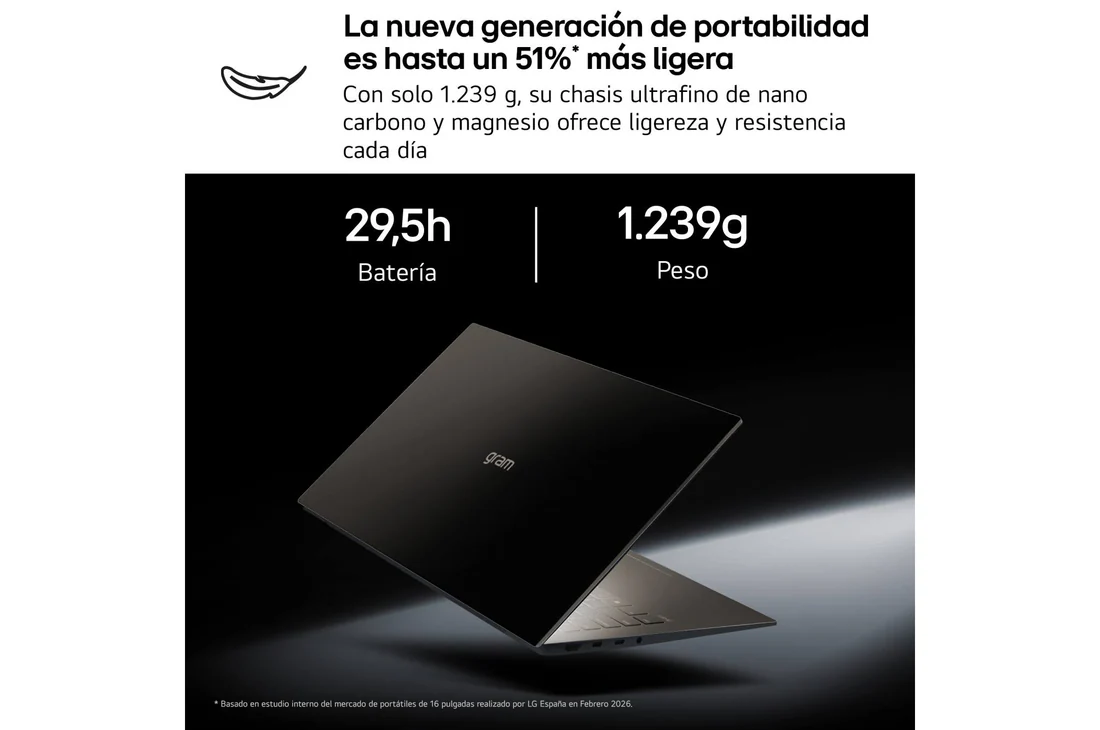 Detalle de LG gram Pro 16Z90U G.AU85BN: portátil ligero con basta autonomía y pantalla 16" IPS 2560×1600