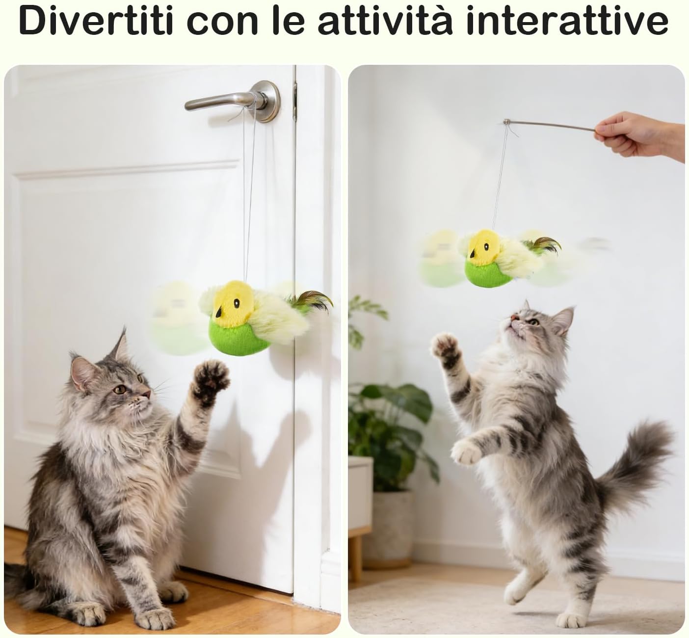 Detalle 2 de Migipaws Giocattolo interattivo per gatti – Flappy Bird 3 in 1, elastico da 80 cm, cinguettio e erba gatta