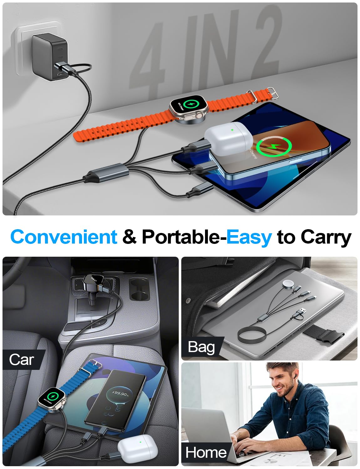 Detalle de Travel Essentials 4-in-2 Multi Charging Cable (USB A & Type-C) for Apple Watch, iPhone, Samsung