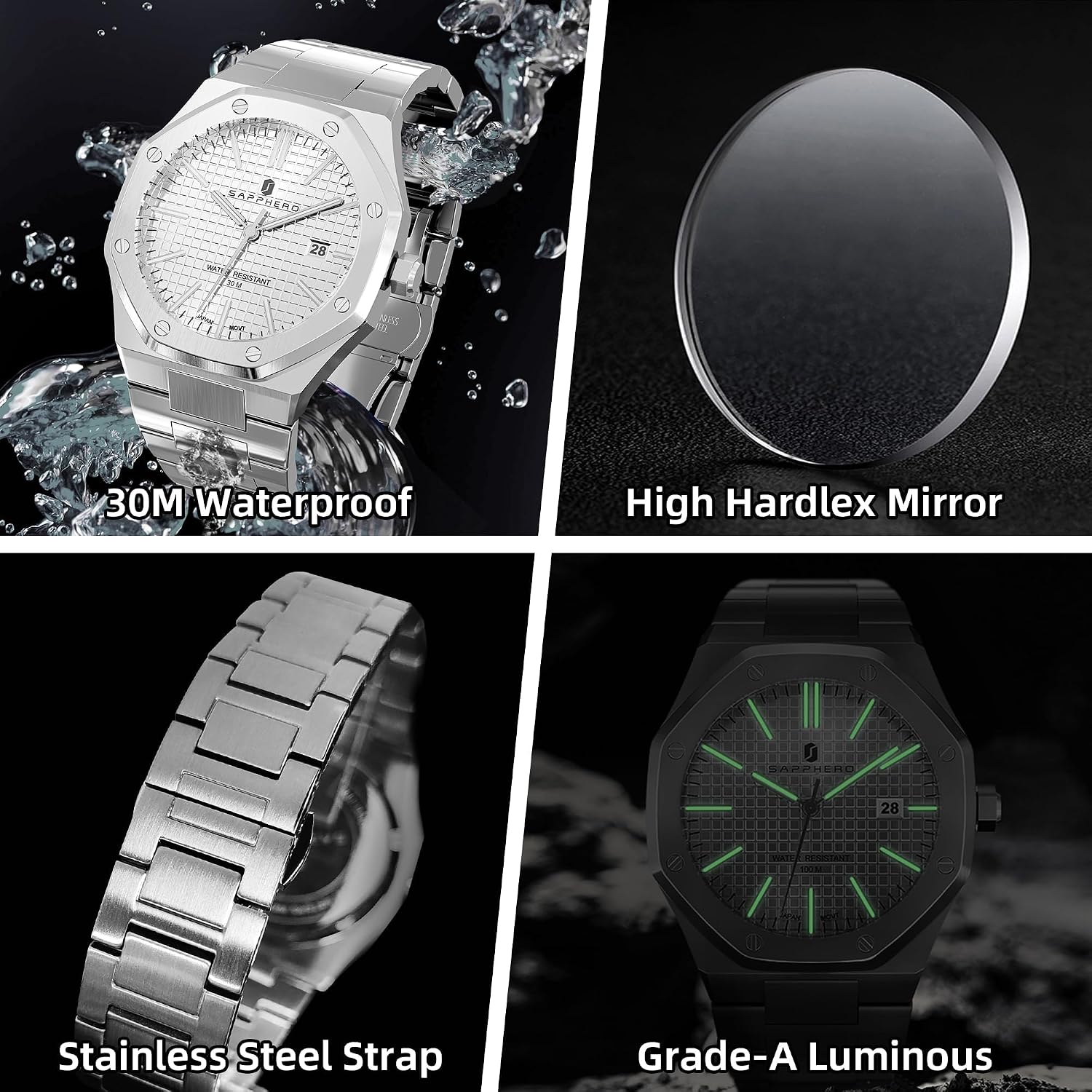 Detalle de SAPPHERO Montre homme octogonale à cadran damier, boîtier et bracelet en acier, quartz japonais