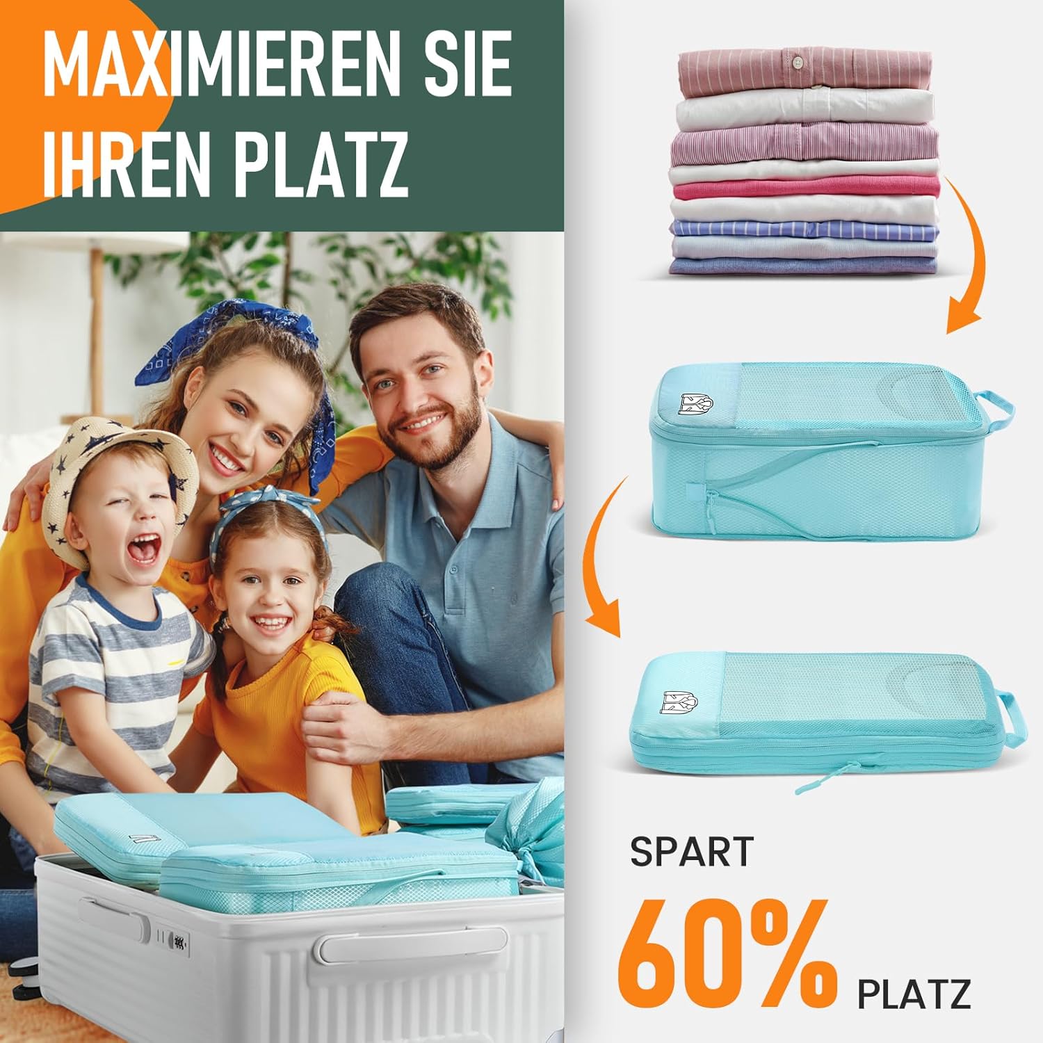 Detalle 2 de 8-teilige Compression Packing Cubes – Hellblau, Koffer Organizer für Reisen