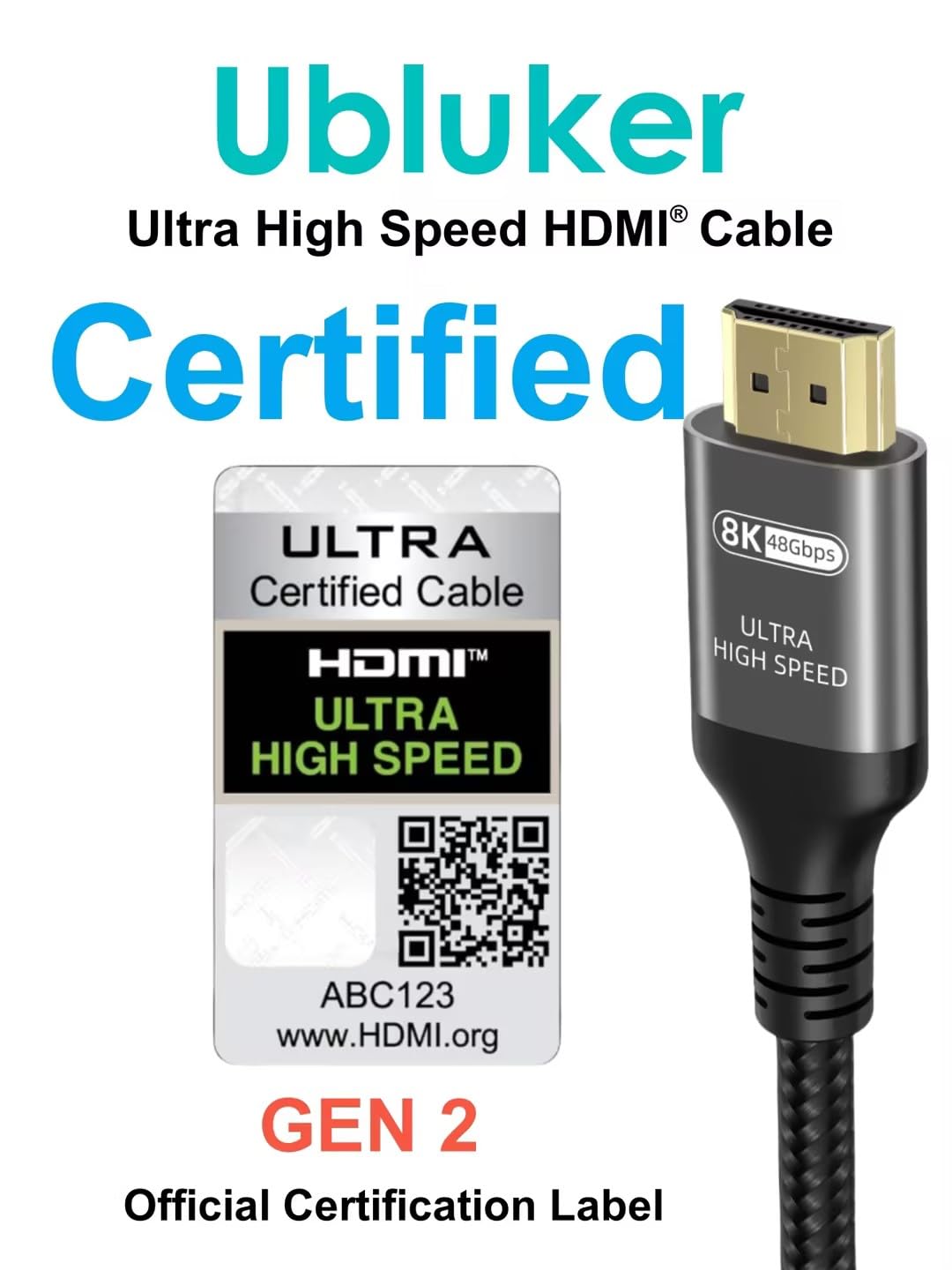 Thumbnail 1 de Ubluker Certified Ultra High Speed HDMI Cable (48Gbps) – 5 ft for 4K/8K, eARC, HDR10+