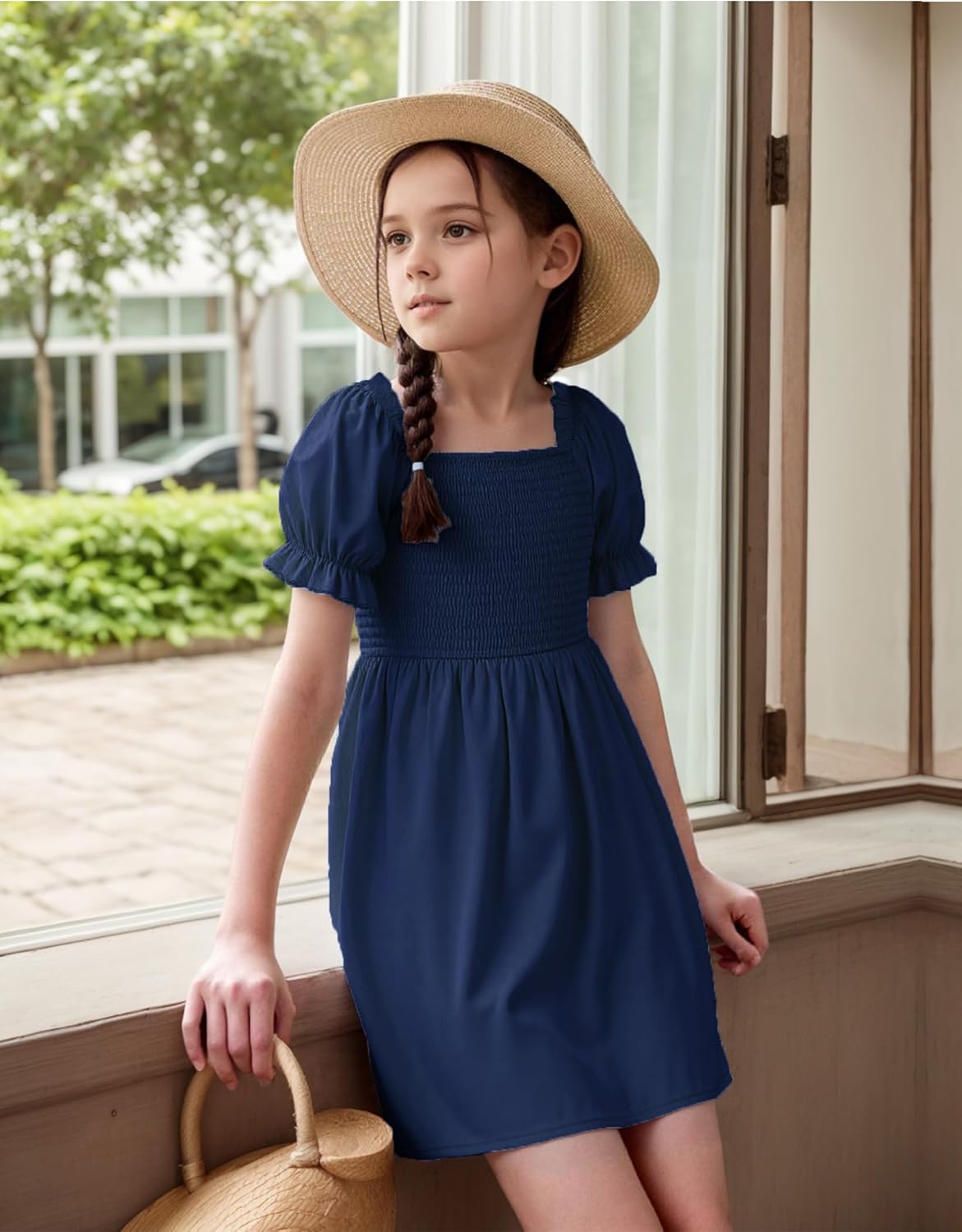 Thumbnail 2 de JiAmy Girls Dresses Summer Short Sleeves Square Neck Lightweight Dress (5–14 Years)