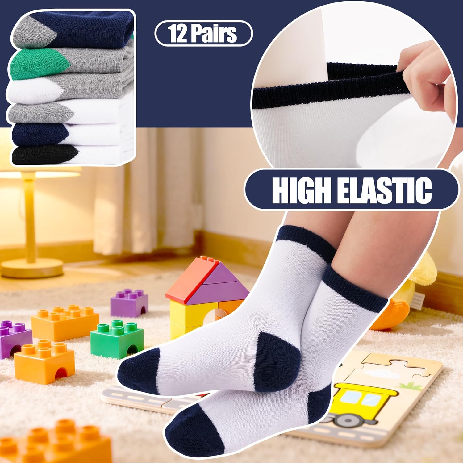 Thumbnail 4 de TRAMLE Boys Black Socks 12 Pairs – Colourful Heel & Toe, Soft and Durable Everyday Kids Socks