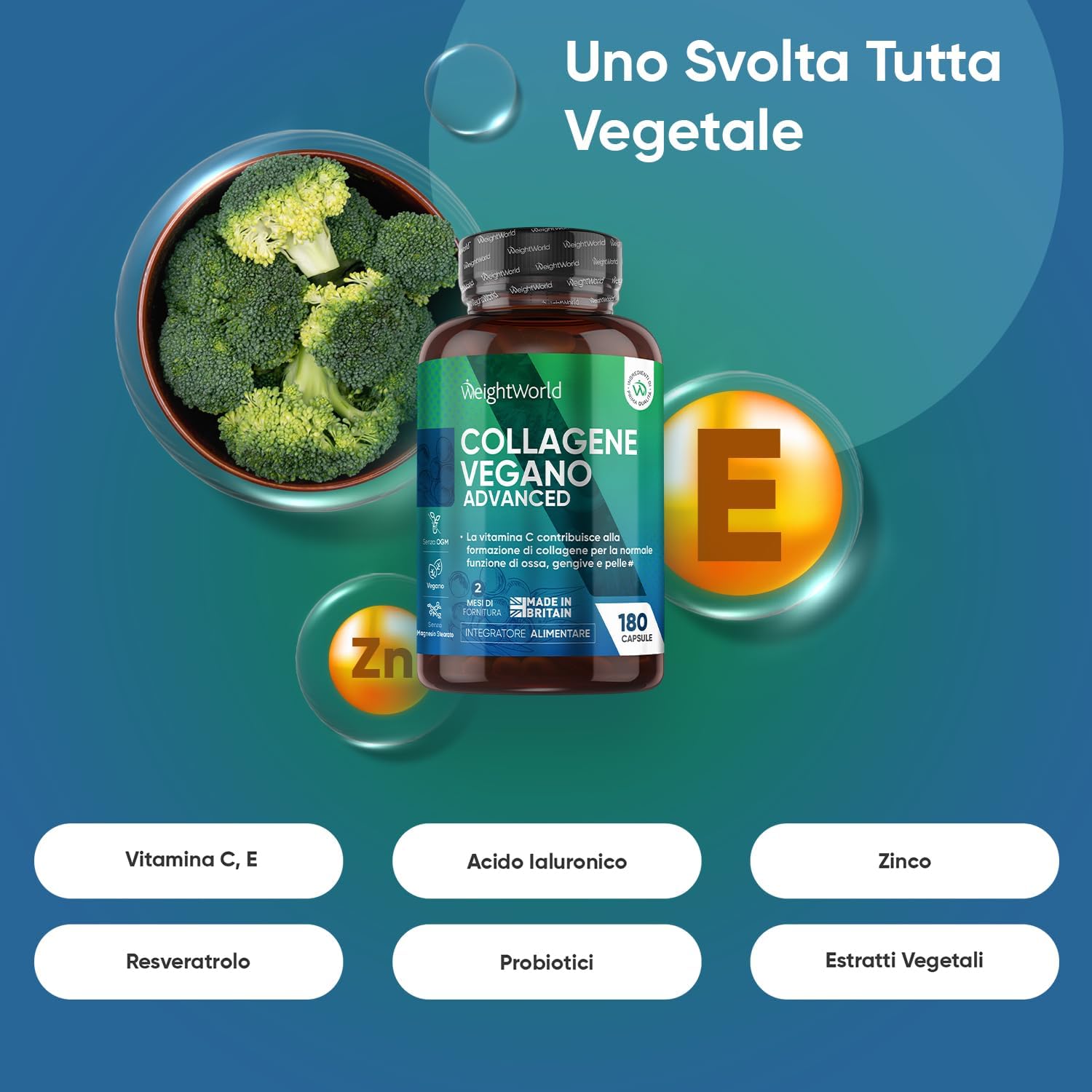 Thumbnail 1 de Collagene vegano e Acido ialuronico WeightWorld, 180 capsule con Vitamina C, E, Zinco, Resveratrolo e MSM