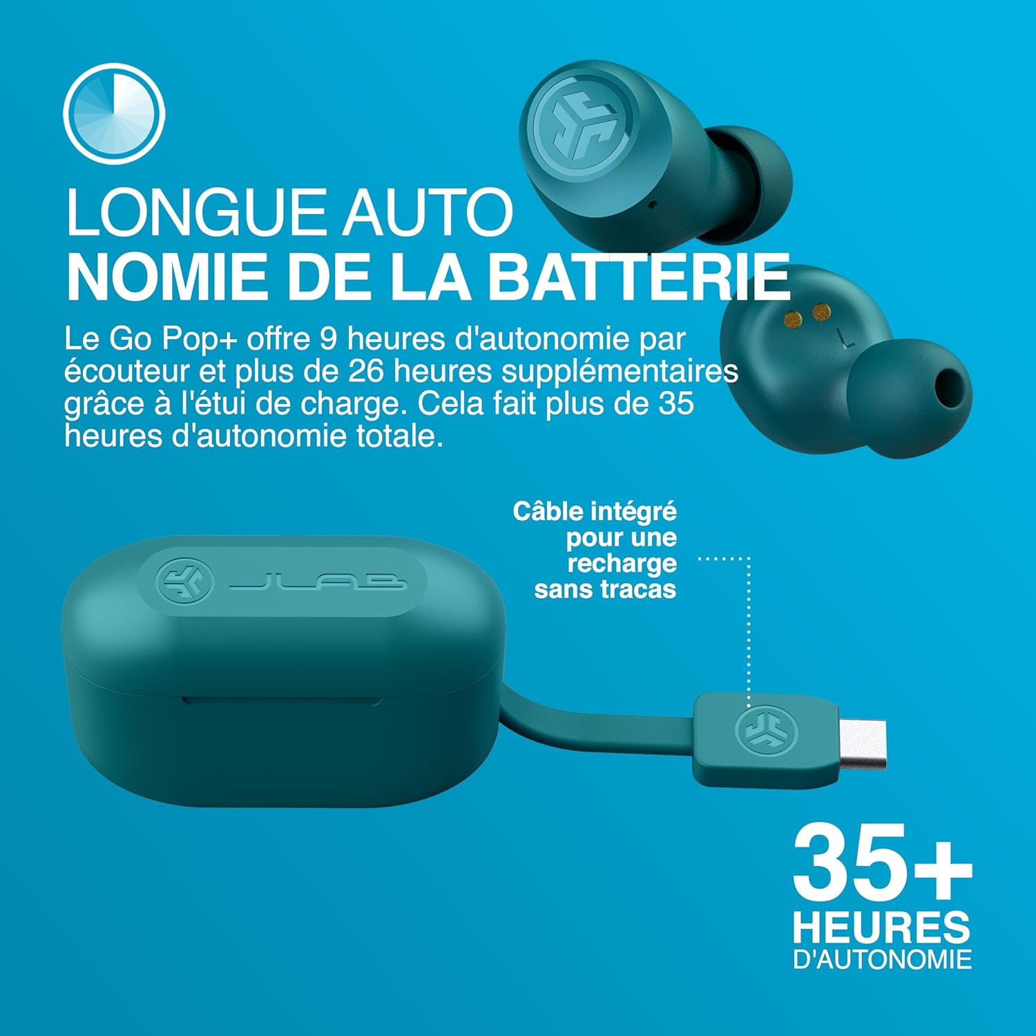Thumbnail 5 de JLab Go Air Pop+ – Écouteurs Bluetooth intra-auriculaires sans fil avec micro, EQ3 et boîtier de charge (Sarcelle)
