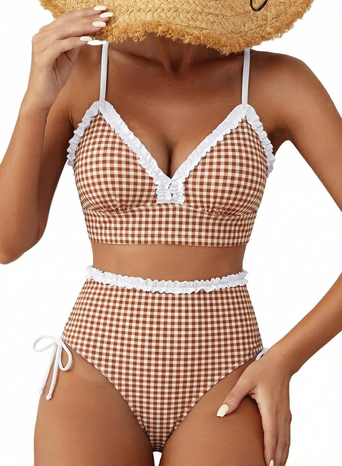 Detalle de Herseas Women's Splice Ruffle Trim High-Waisted Bikini Set