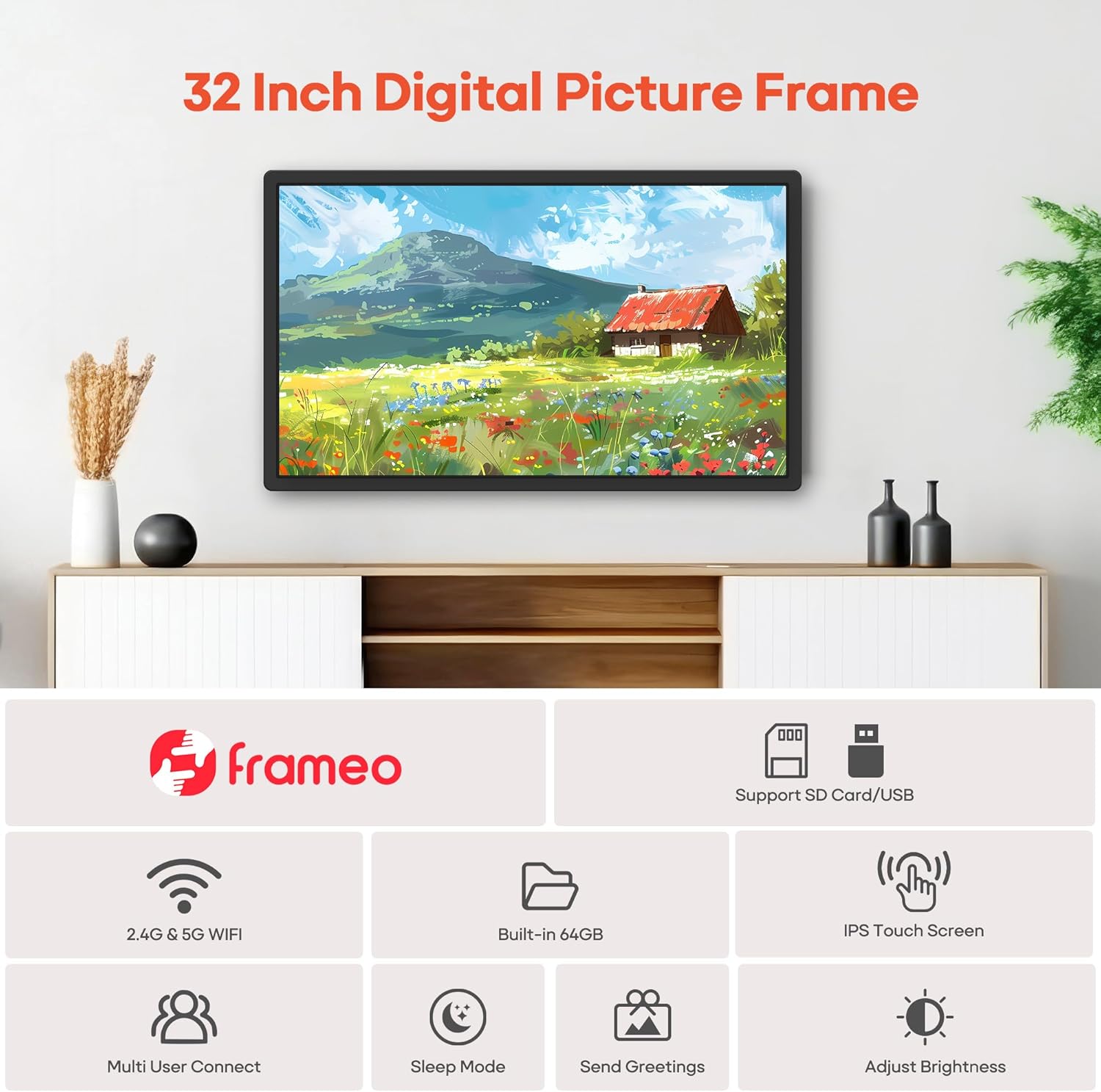 Thumbnail 5 de Frameo 32” Extra Large WiFi Digital Picture Frame with 64GB, FHD IPS Touch Screen (Wall Mounted) — Frameo App Sharing