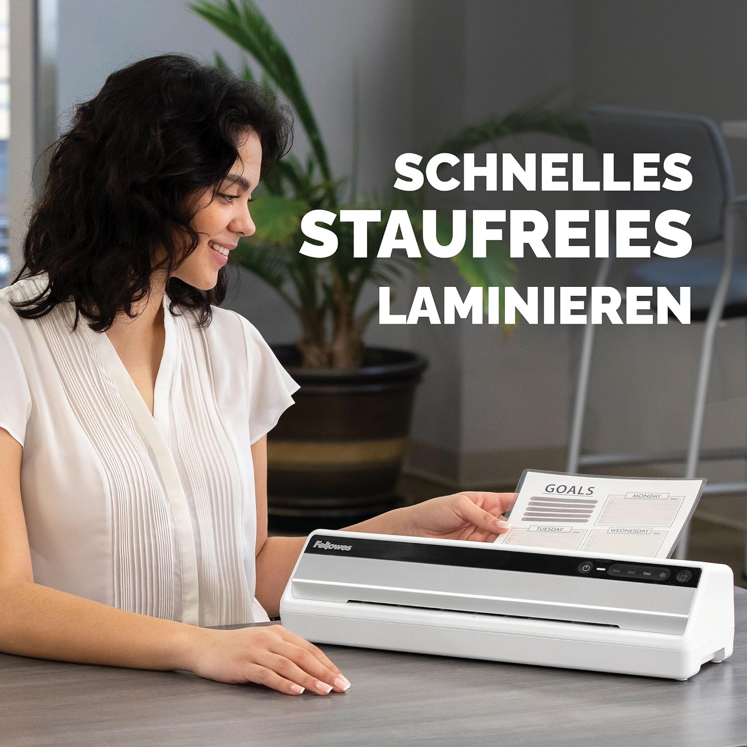 Detalle de Fellowes Saturn A4 Laminiergerät – InstaHeat, 60 Sek. Aufwärmzeit, 80/100/125 Mikron, inkl. Starter-Set