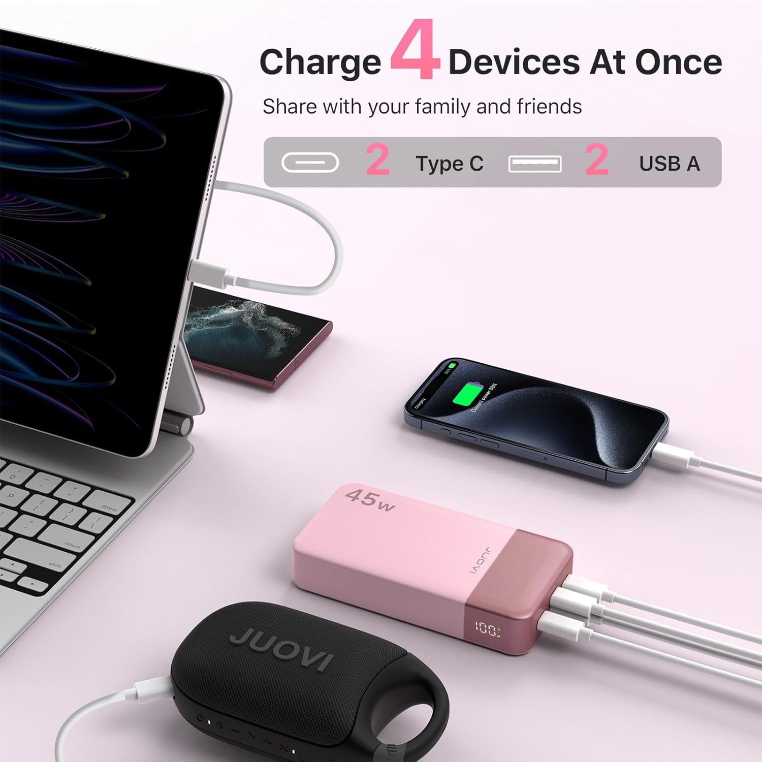 Thumbnail 4 de JUOVI J2621 Power Bank: 45W Fast Charging 20000mAh Portable Charger (Pink)