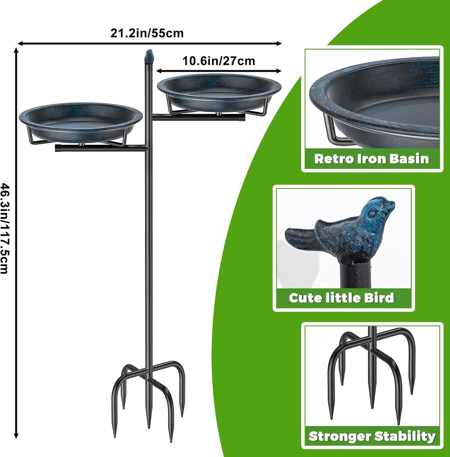 Thumbnail 1 de VeyFolzin.st Vogeltränke Vogelbad Schale Stehend – 2-in-1 Outdoor-Doppelbecken aus Metall (Altblau)