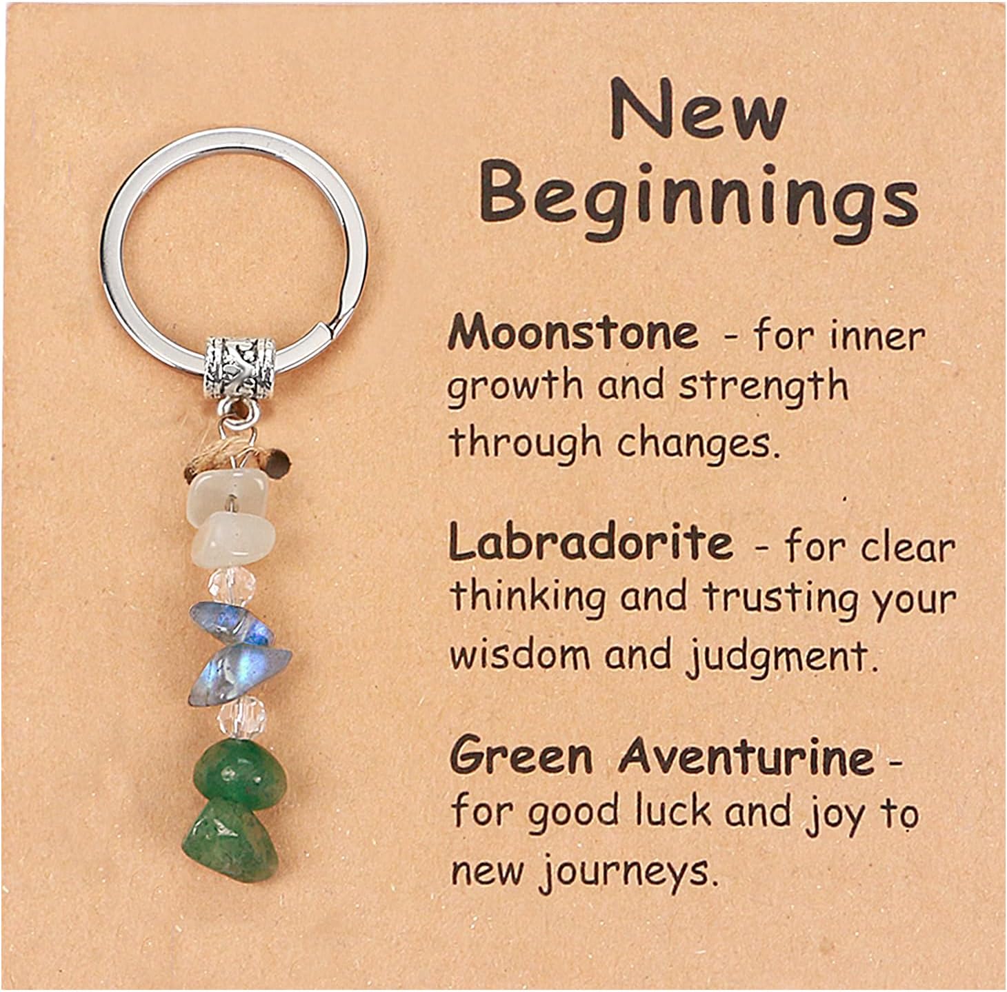 Detalle de Trinckle New Beginnings Nature Crystal Keychain for Women – Moonstone, Labradorite & Green Aventurine