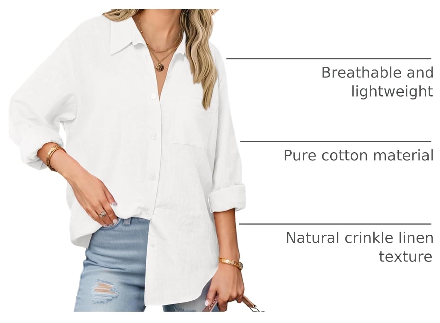 Detalle 2 de Zeagoo Women's Button Down Shirt: Cotton Gauze Long Sleeve Collared Blouse in Loose Fit