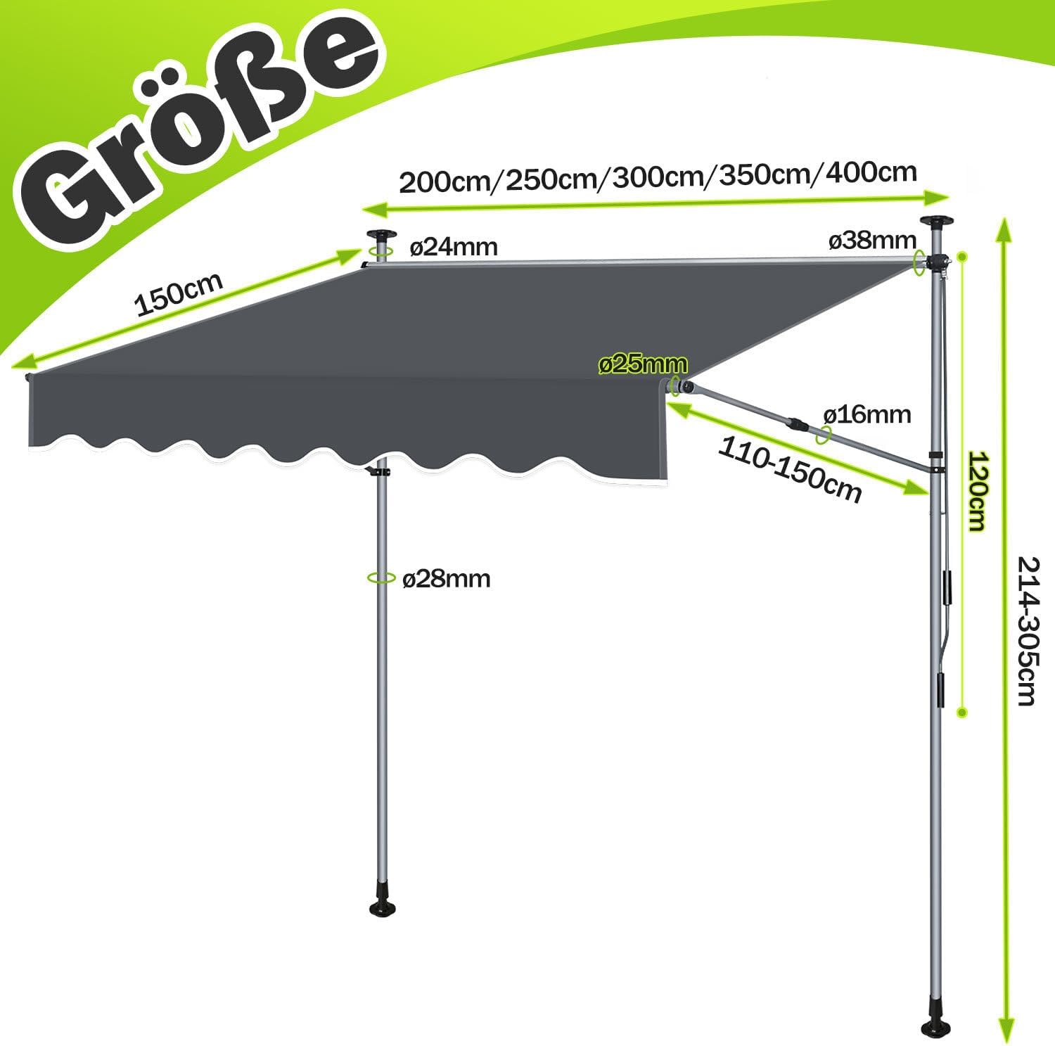 Thumbnail 6 de Ikodm Klemmmarkise 400 cm breit mit Handkurbel – balkonmarkise ohne Bohren, UV-beständig und höhenverstellbar