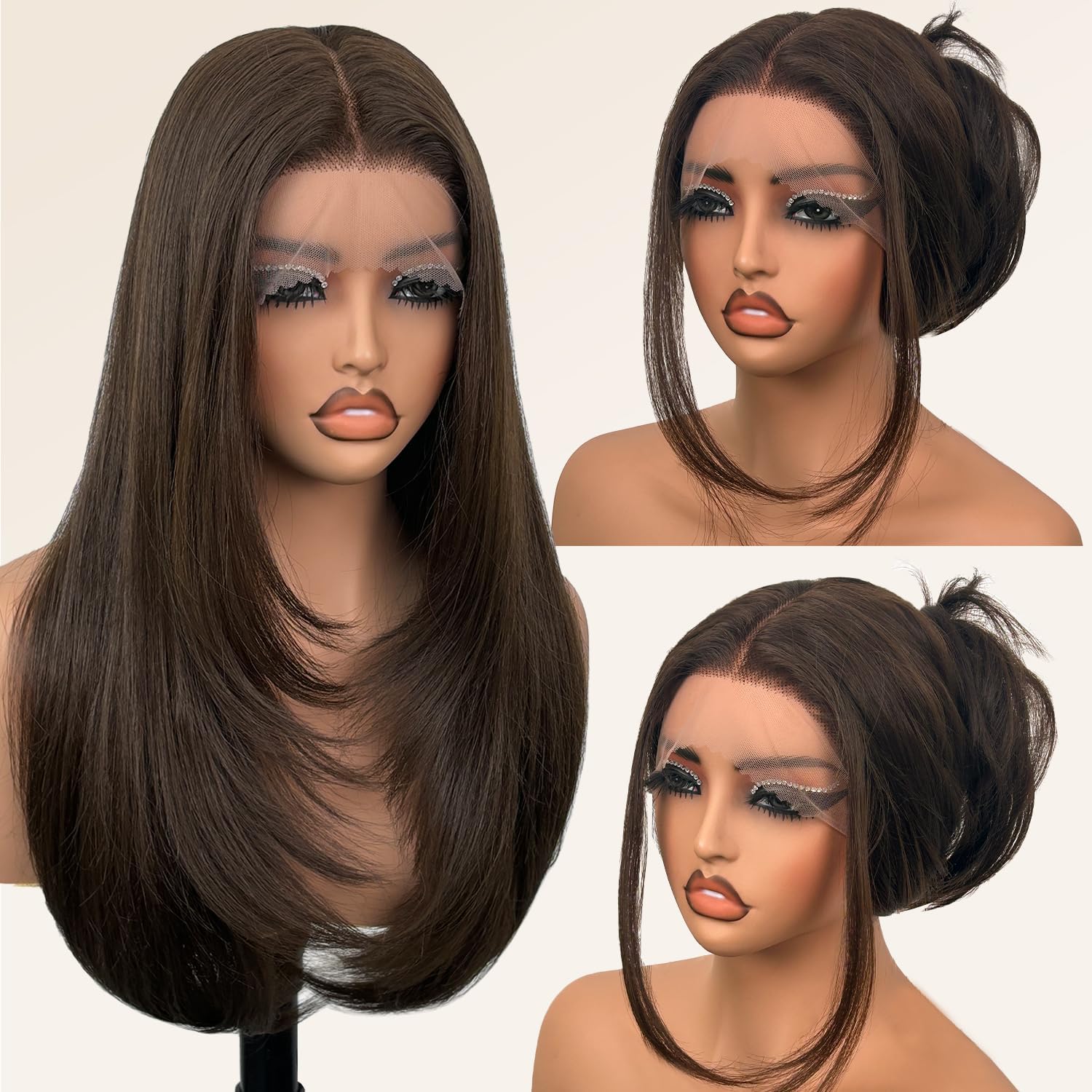 Thumbnail 6 de Su Mei.s Glueless Synthetic Lace Front Wig, 26-Inch Straight Red (#99J Burgundy, 13x5x1 HD Lace, Hand-Tied)