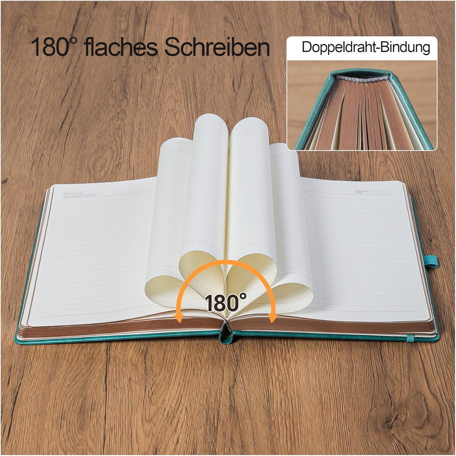 Detalle 2 de HwxBen Notizbuch 14.5 × 21 cm | Liniert, 360 Seiten, PU-Leder Hardcover im Vintage Sonne & Mond Design – Seegrün