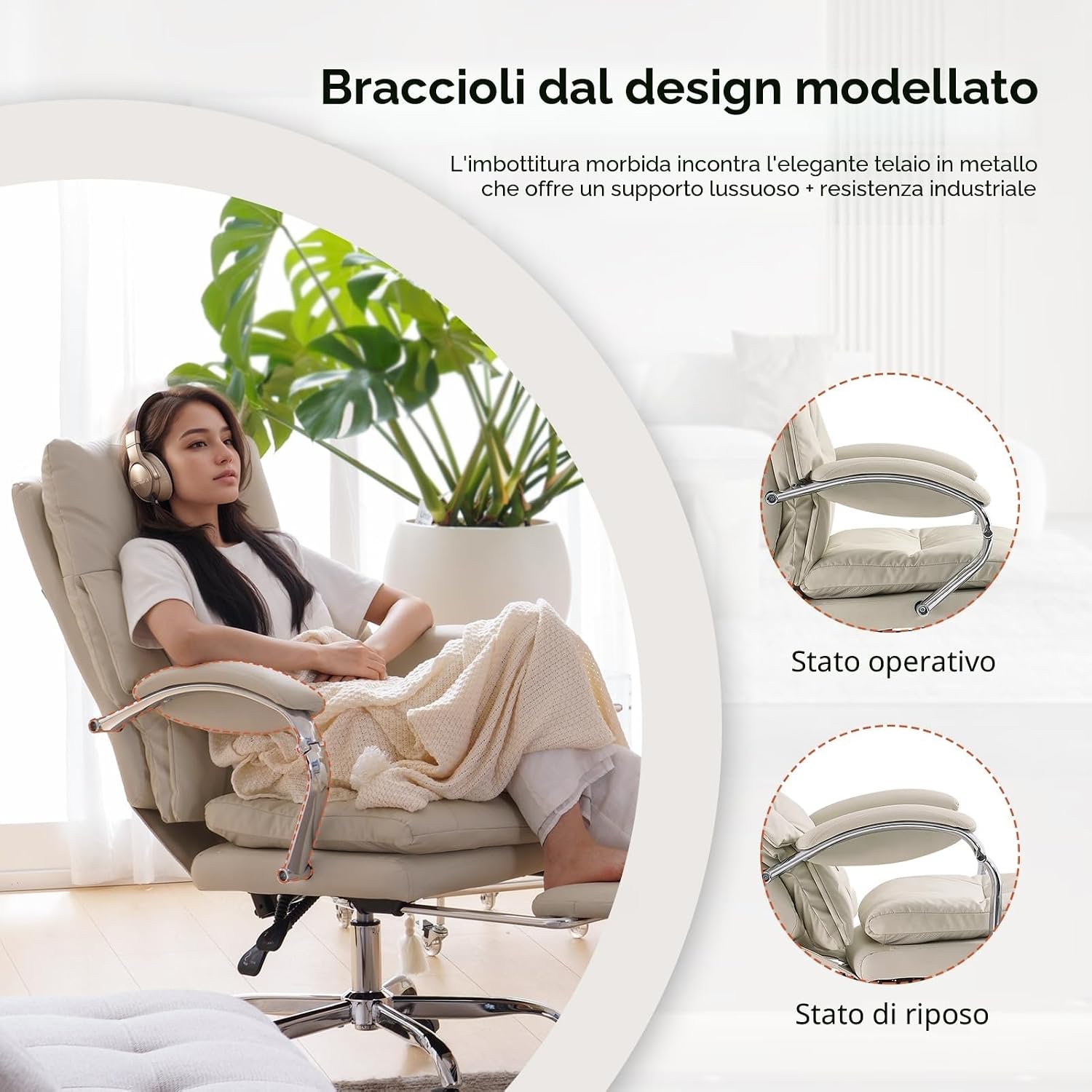Thumbnail 4 de EMIAH Sedia da Ufficio Direzionale con Poggiapiedi: ergonomia e comfort premium (Beige)