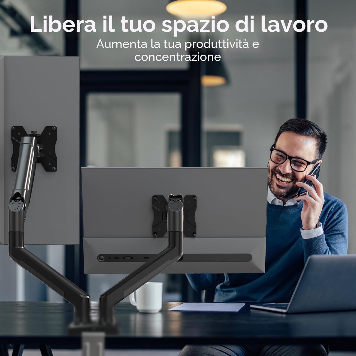 Thumbnail 5 de BONTEC braccio monitor doppio per schermi LCD/LED 13–32 pollici con molla a gas, VESA 75/100 e gestione cavi