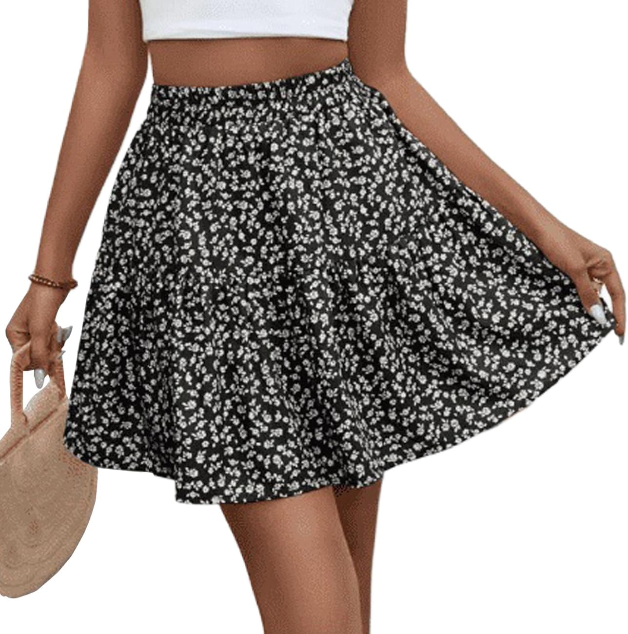 Detalle de Vcindai Damen Sommer Rock – Blumenmuster, A-Linien, elastischer Bund