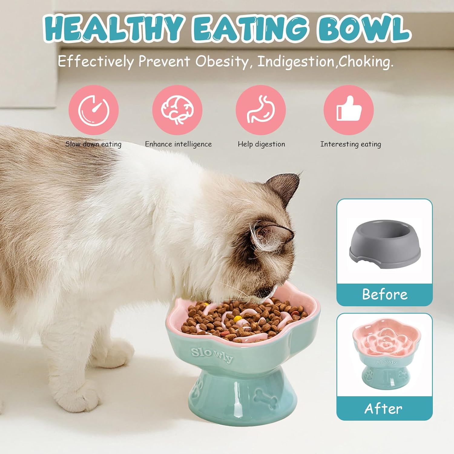 Thumbnail 2 de MEETOZ Raised Slow Feeder Cat Bowl (Ceramic, 5.8in) – Pink flower-shaped elevated slow feeder