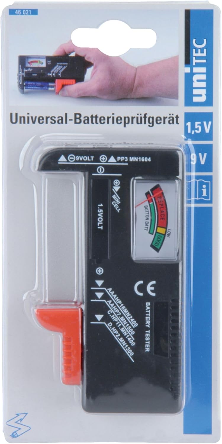 Detalle 2 de UNITEC 46021 Universal Batterieprüfgerät: 1,5 V/9 V, Schwarz