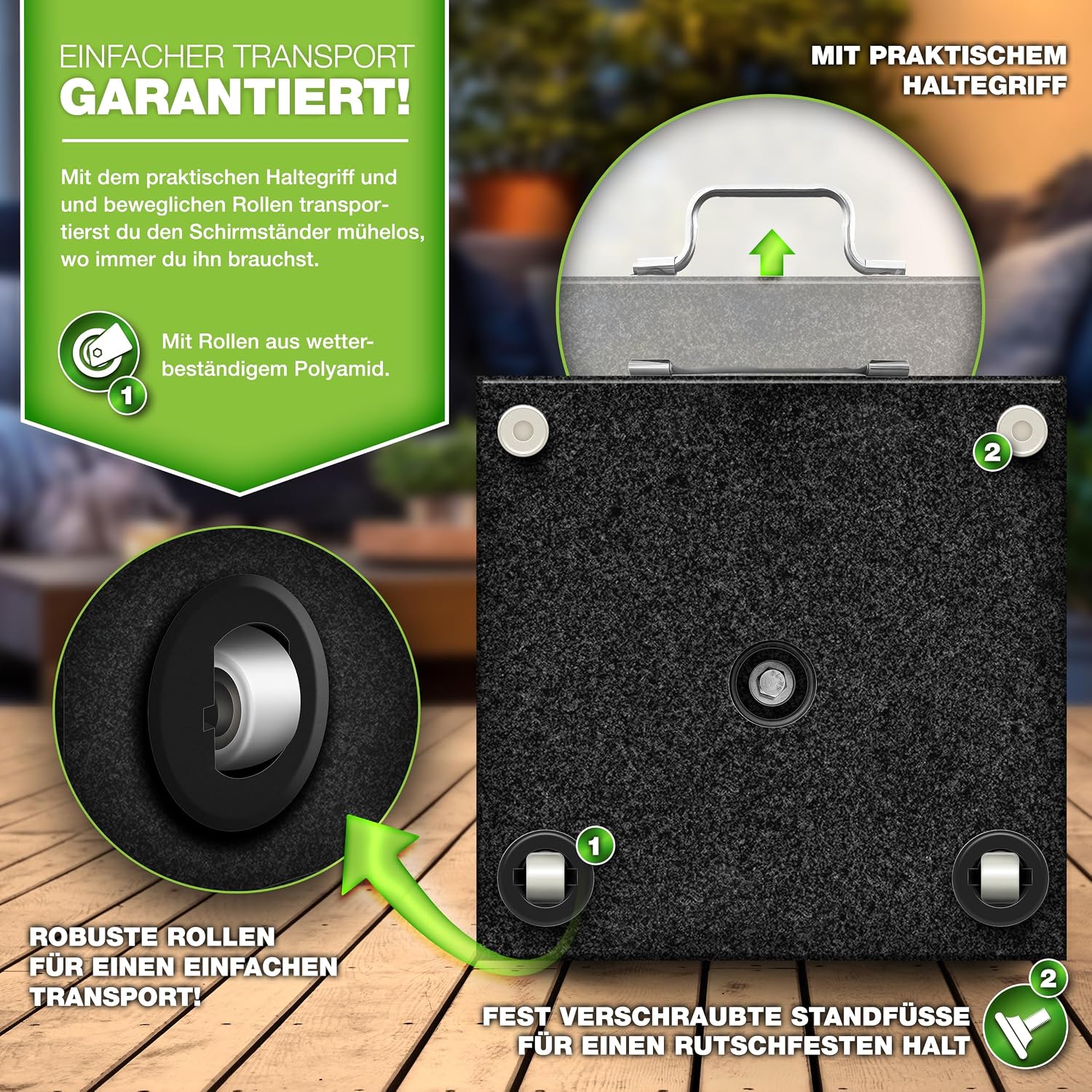 Detalle 2 de tillvex TVGNSSD-006 granieten parasolvoet 27 kg met wielen