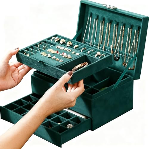 Detalle de Lumcoyee Jewellery Organisers Box for Women & Girls, 3-Tier & 2 Drawers, Green