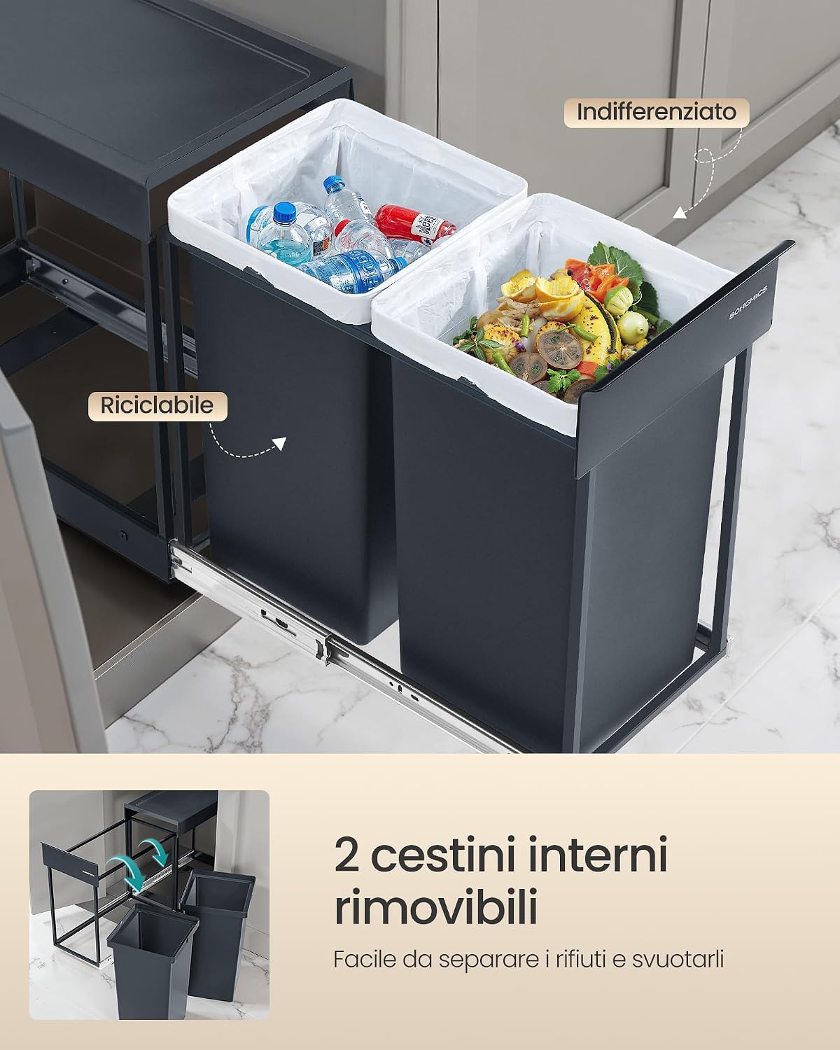 Detalle de SONGMICS Pattumiera da Cucina per Raccolta Differenziata, 2x15 L, Cestino Estrabile per Mobile, Estraibile con Guide in Acciaio