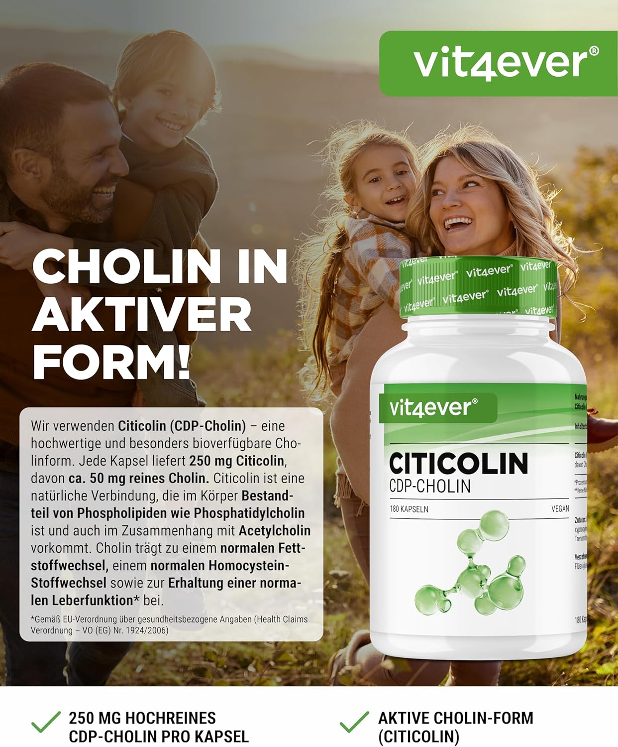 Detalle 2 de vit4ever CDP-Cholin (Citicolin) 250 mg – 180 Kapseln, vegan