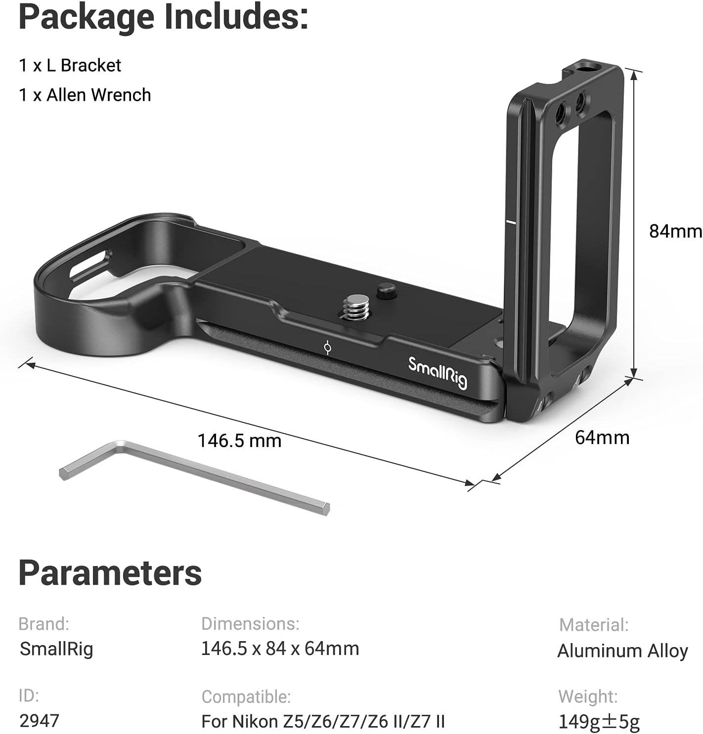 Detalle 2 de SMALLRIG L Bracket 2947 pour Nikon Z5 / Z6 / Z6II / Z7 / Z7II (plaque Arca, anti-torsion)