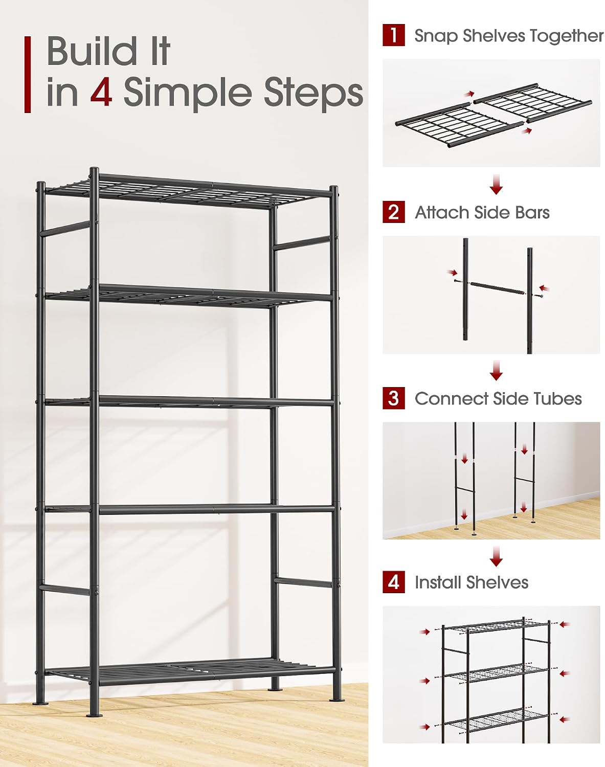 Thumbnail 6 de Sakugi Storage Shelves 5-Tier Metal Shelving Unit with Leveling Feet (Black) – 72" H, Garage/Closet/Pantry Organizer