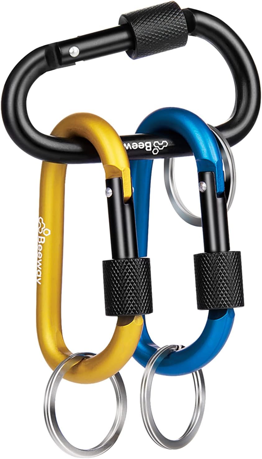BEEWAY Locking Carabiner (Premium Aluminium Alloy D-Ring) – 3 Pack Key Chain Clip Hooks