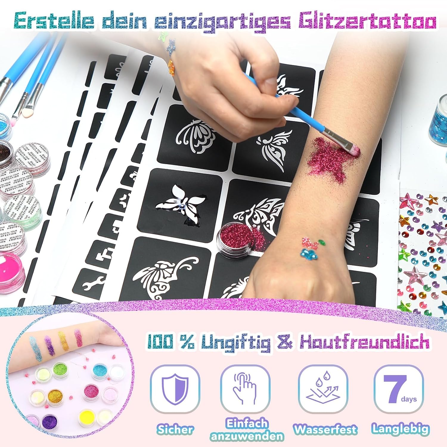Detalle 2 de Glitzer Tattoo Set Kinder 36 Farben 🎨