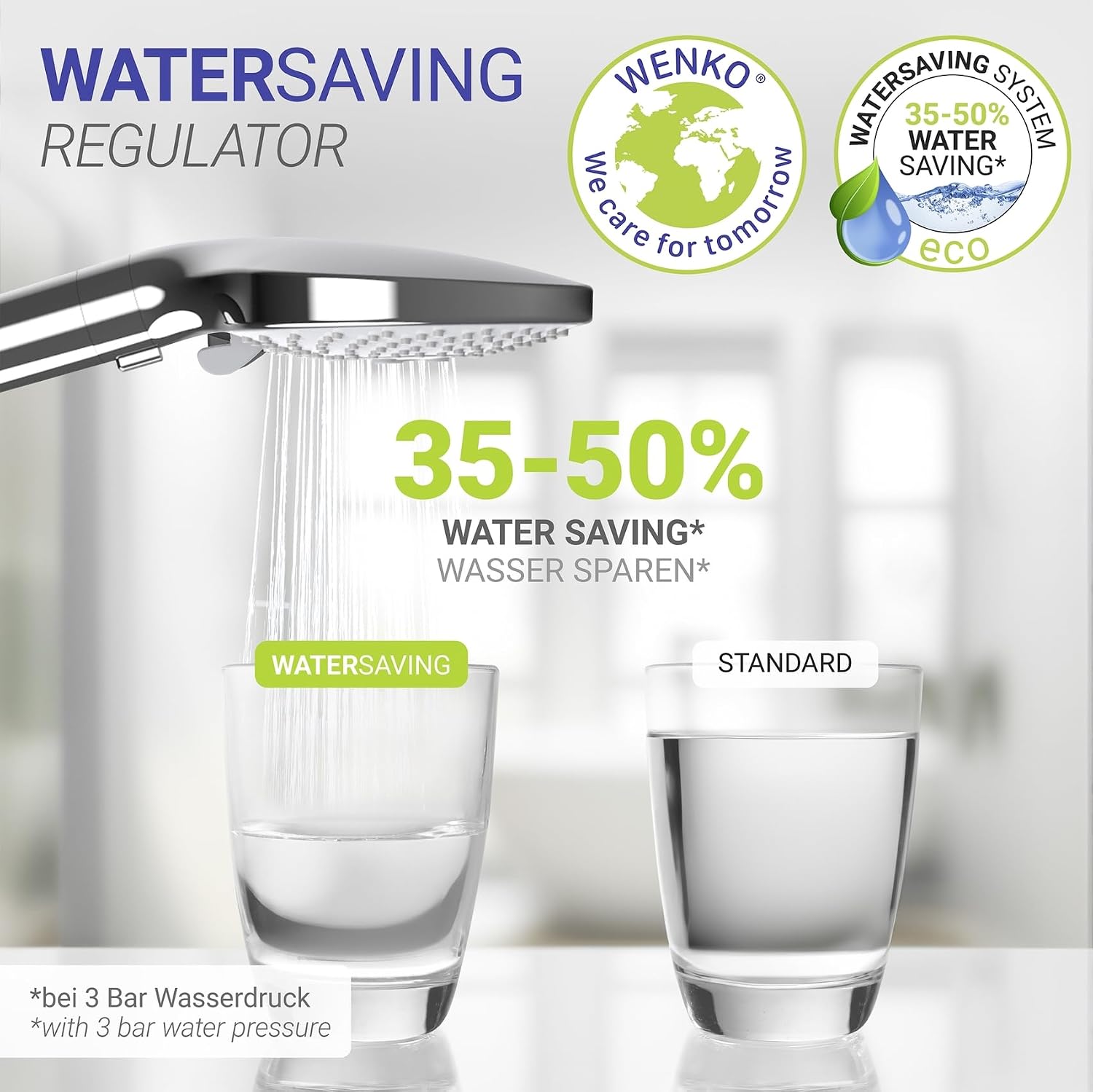 Detalle 2 de WENKO Water Saving Duschkopf (12 cm) mit 3 Strahlarten, regulierender Handbrause & Universalanschluss
