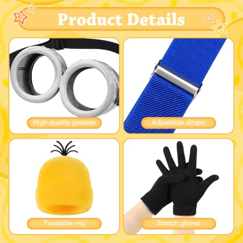 Thumbnail 2 de DiULi Kit de Accesorios de Disfraz 4 en 1 para Niños (Dos Ojos): Gafas Steampunk, Sombrero Amarillo, Guantes Negros y Tirantes Azules