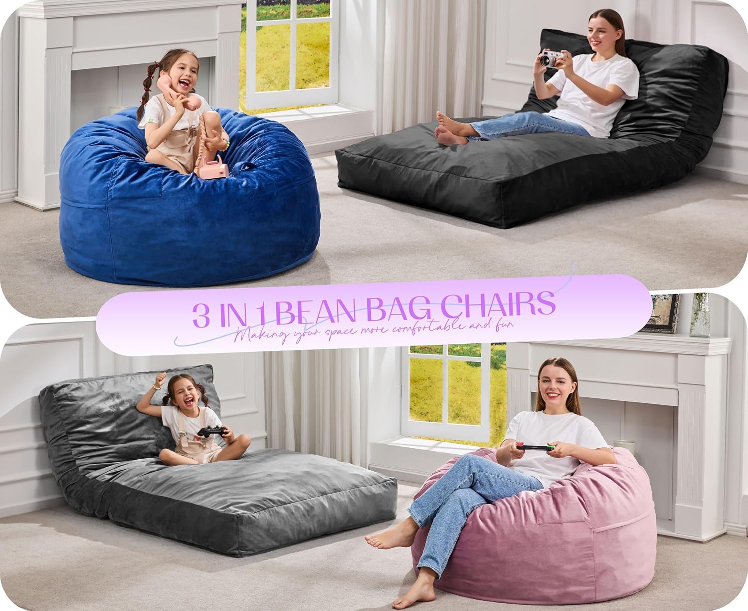 Detalle 2 de Hobestluk 3-in-1 Bean Bag Chair, Twin Size
